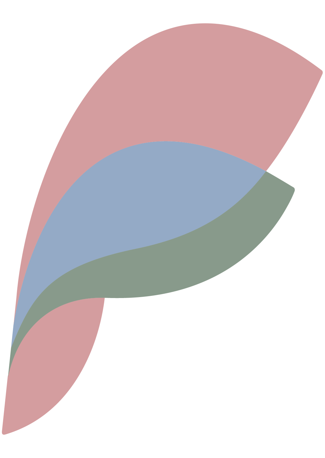 Abstract geometric artwork featuring an elliptical blue shape overlaid on a dusty pink and olive green angular background.
