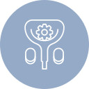 A light blue circular icon with a white outline of a flower and leaves, resembling a plant within an abstract rounded container. Two oval shapes accompany the design on either side.